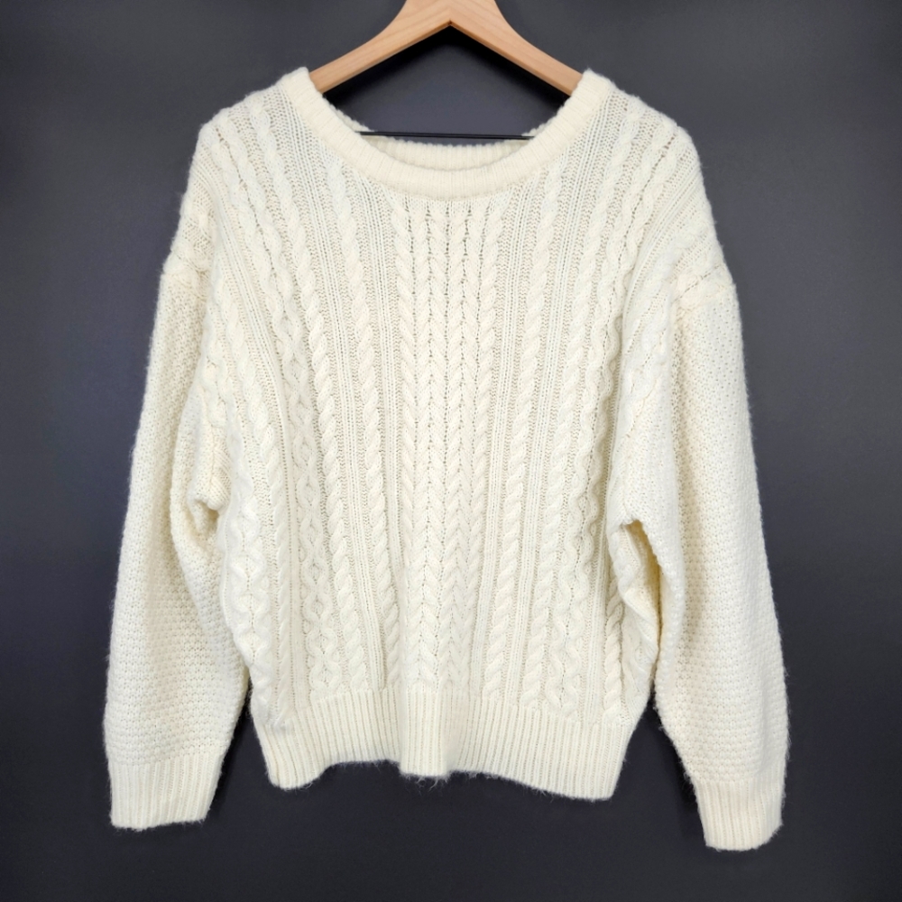 Ivory Wool Blend Cable Knit Sweater Womens Large Fisherman Cabincore Heritage